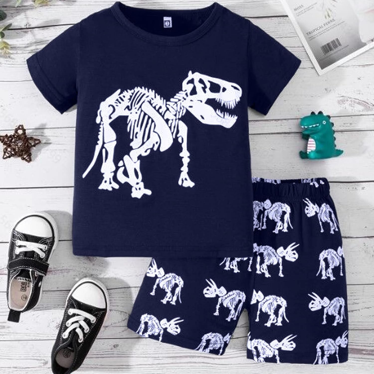 2023 Toddler Kids Boys Summer Short Sleeve Dinosaur T Shirts Tops Shorts Outfits Clothes Set 2 to 7 (1-White, 5 Years)