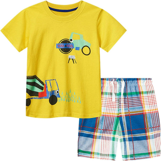 Cute Children Clothes Set 1 to 7 Years Summer Boy'S Short Sleeve Shorts Car Pattern Two Piece (Yellow, 12-24 Months)