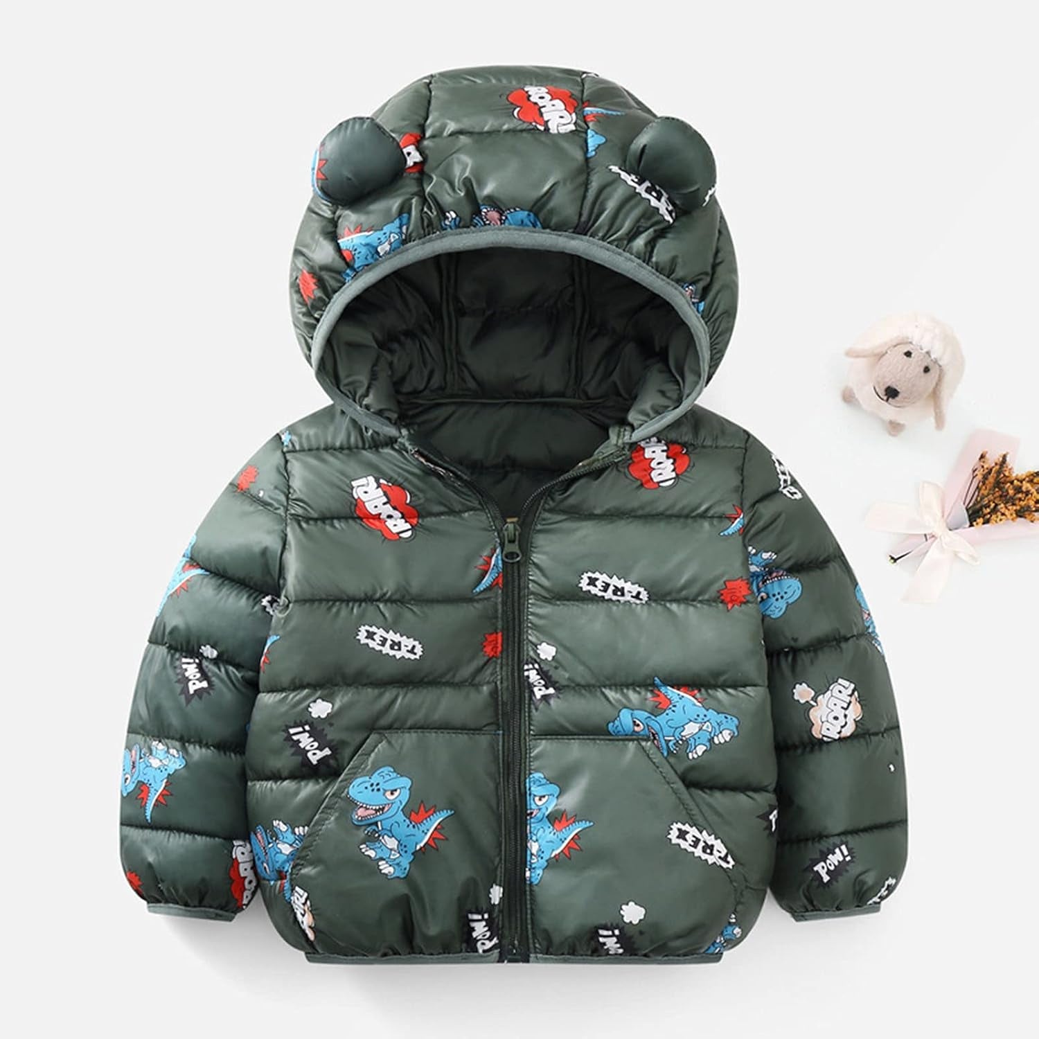Cartoon Ears Coat Toddler Fall Jacket down Coat Puffer Jacke 6M-4T Boy Girl Warmth Jacket Windproof Outerwear (Green, 12-18 Months)